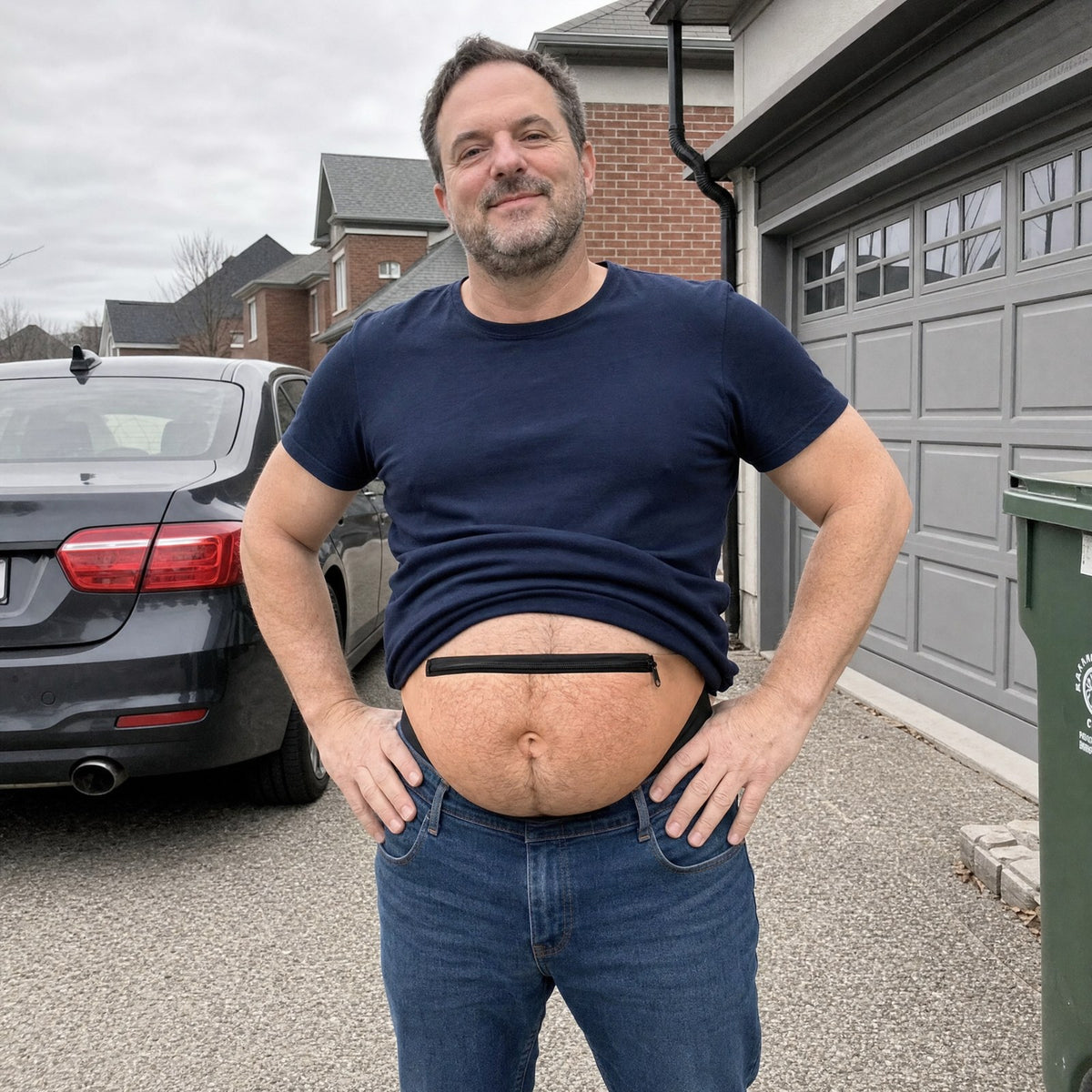 A man wearing the belly bag in his driveway, hands on hips