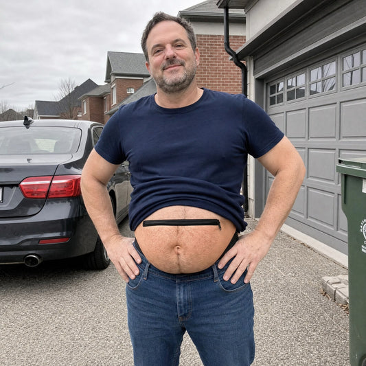 A man wearing the belly bag in his driveway, hands on hips