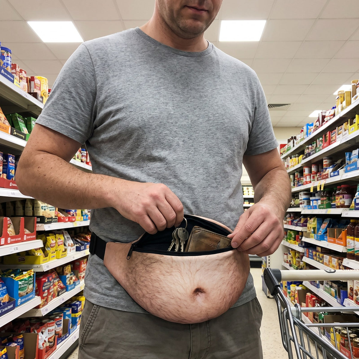 The belly bag unzipped, showing keys and a wallet inside