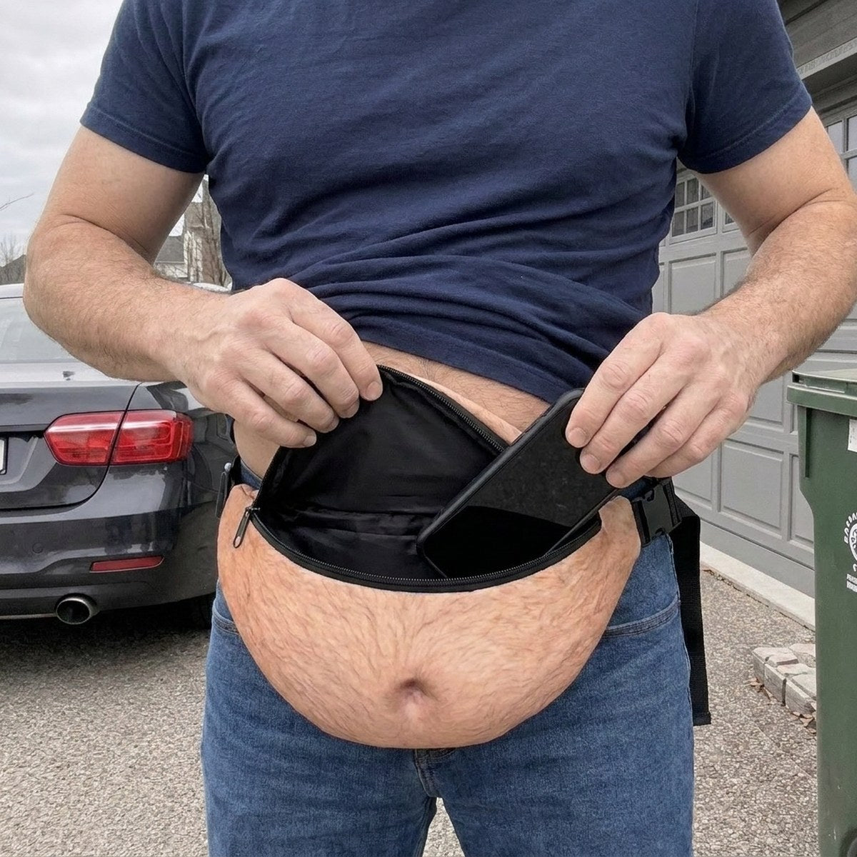 A phone being lowered into the unzipped belly bag, black lining visible inside