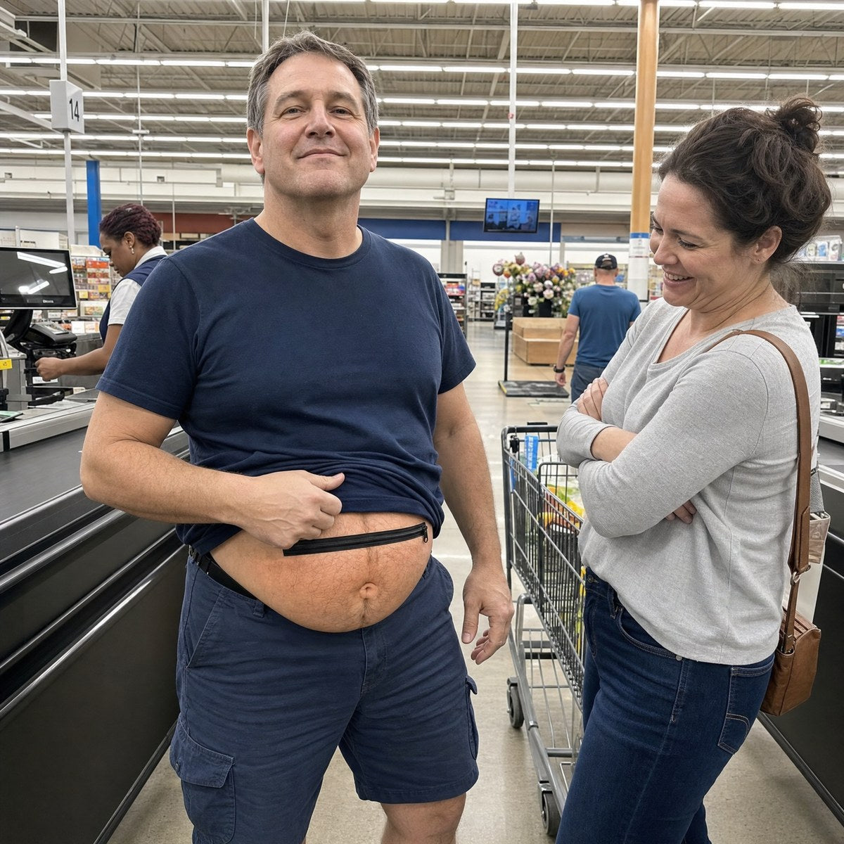 A man showing off the belly bag at a supermarket checkout while a woman beside him laughs